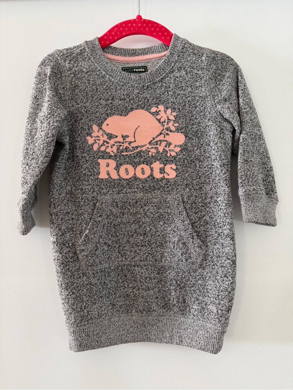 Roots Heather Gray Knit Sweatshirt Dress with Pink Logo, 6-12MO